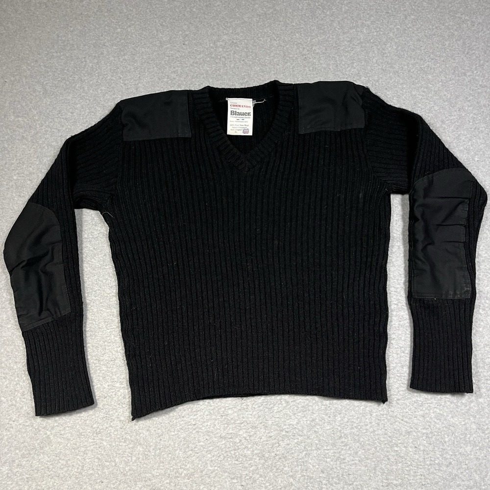 Blauer Genuine Commando Sweater Mens XL (Fits L) Black Wool Pullover V Neck